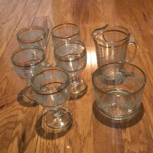 Vintage Grapevine Gold Trim Thumbprint Etched Goblets, Ice Bowl, Pitcher